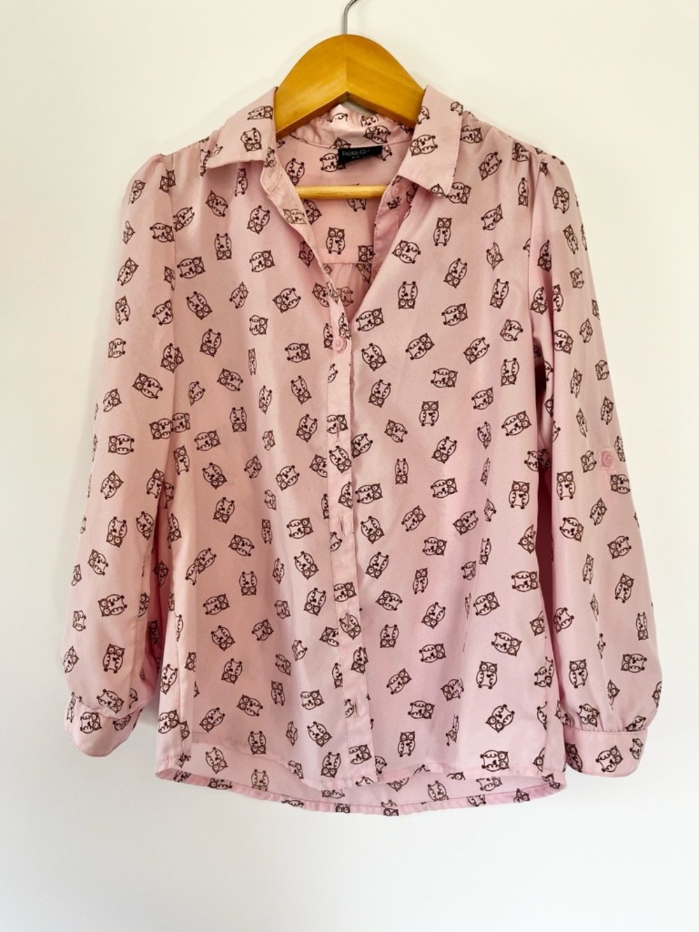 Faded Glory Girls Pink Owl-Print Button-Up Blouse Size 6-6x
